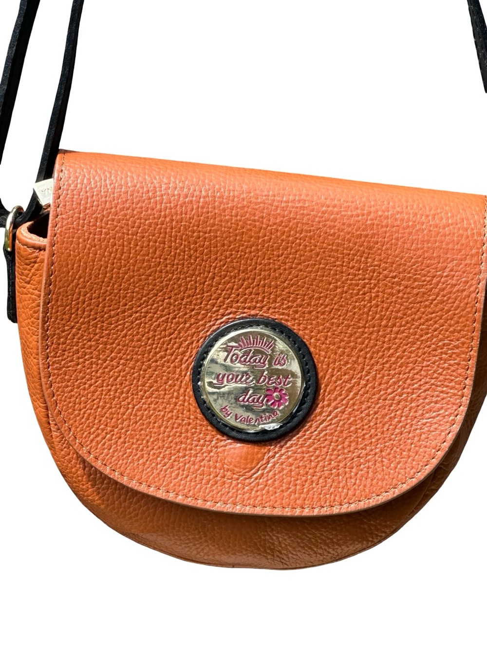 Valentina Orange Cognac Pebbled Leather Crossbody Saddle Bag - Made In Italy - Picture 4 of 16